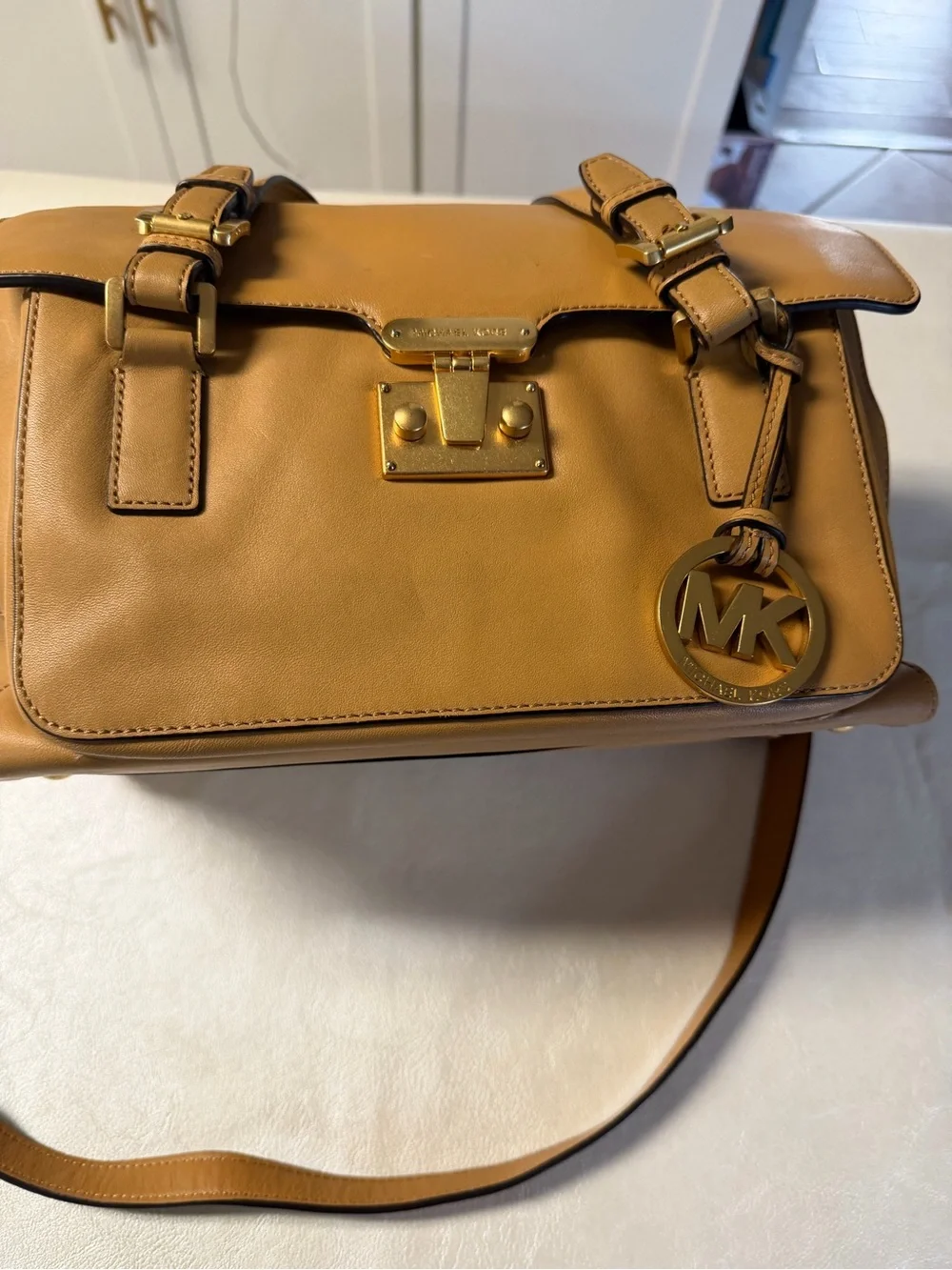 Michael Kors Camel Leather Satchel with Gold Hardware